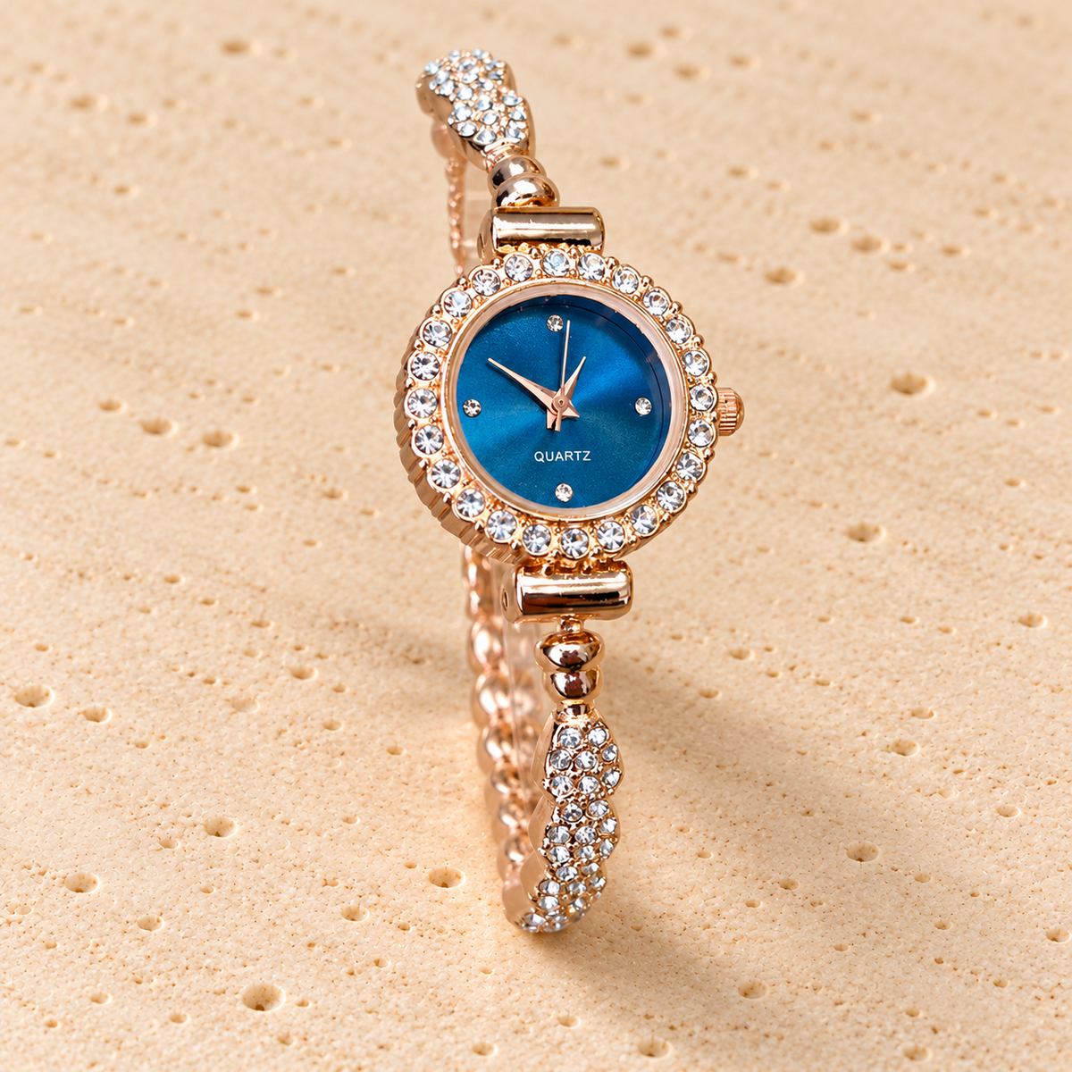 Marina Blue Crystal Watch — pale beige natural stone background