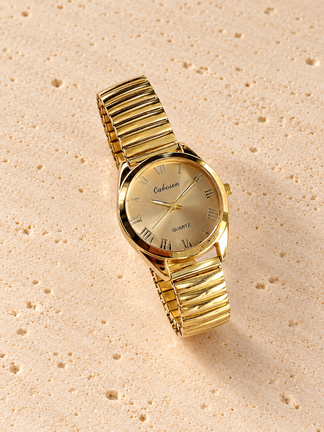 Solstice Round Bracelet Watch — pale beige natural stone background