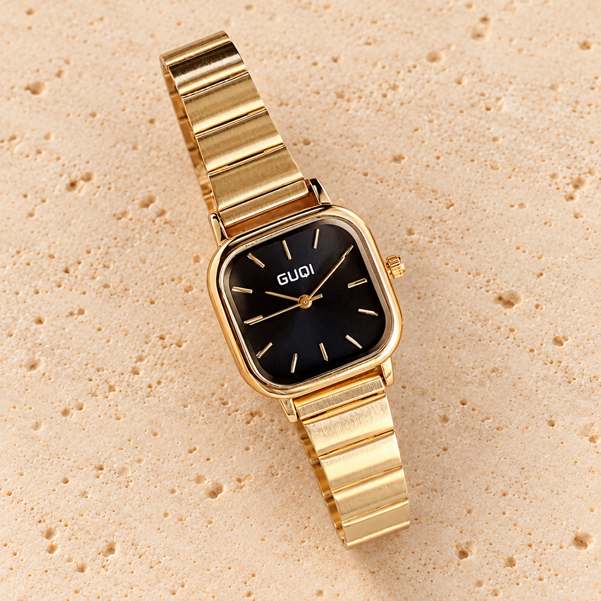 Onyx Square Panel Watch — pale beige natural stone background