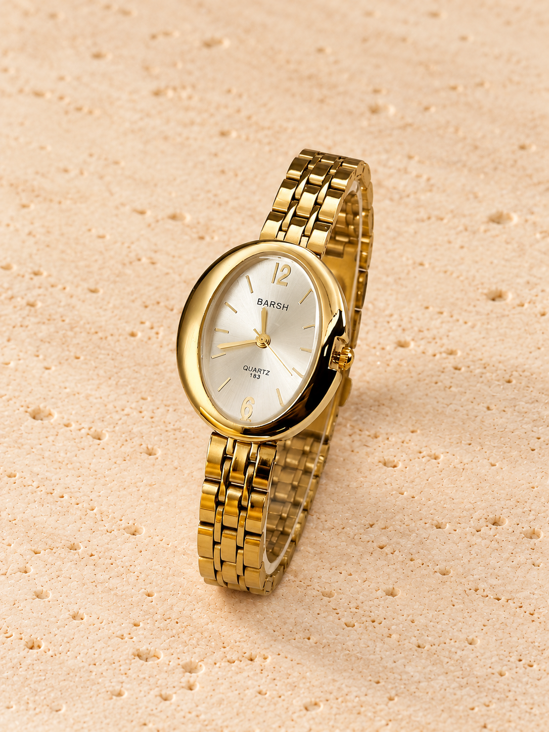 Halo Oval Link Watch — pale beige natural stone background