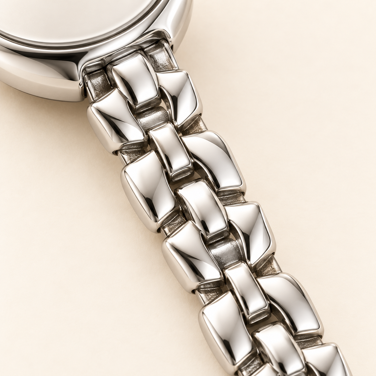 Silver Lace Oval Watch — bracelet detail — warm ivory background