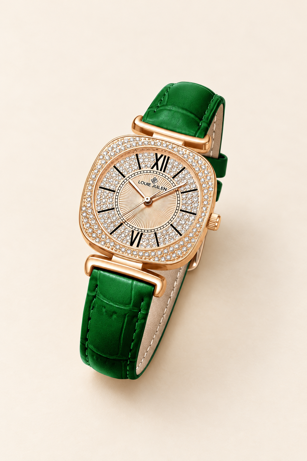 Emerald Glow Strap Watch — warm ivory background