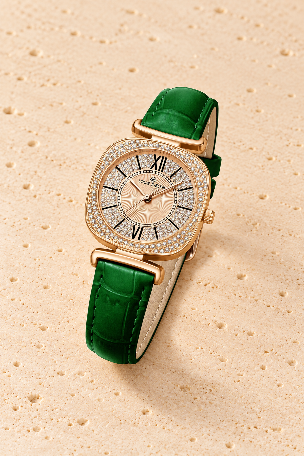 Emerald Glow Strap Watch — pale beige natural stone background