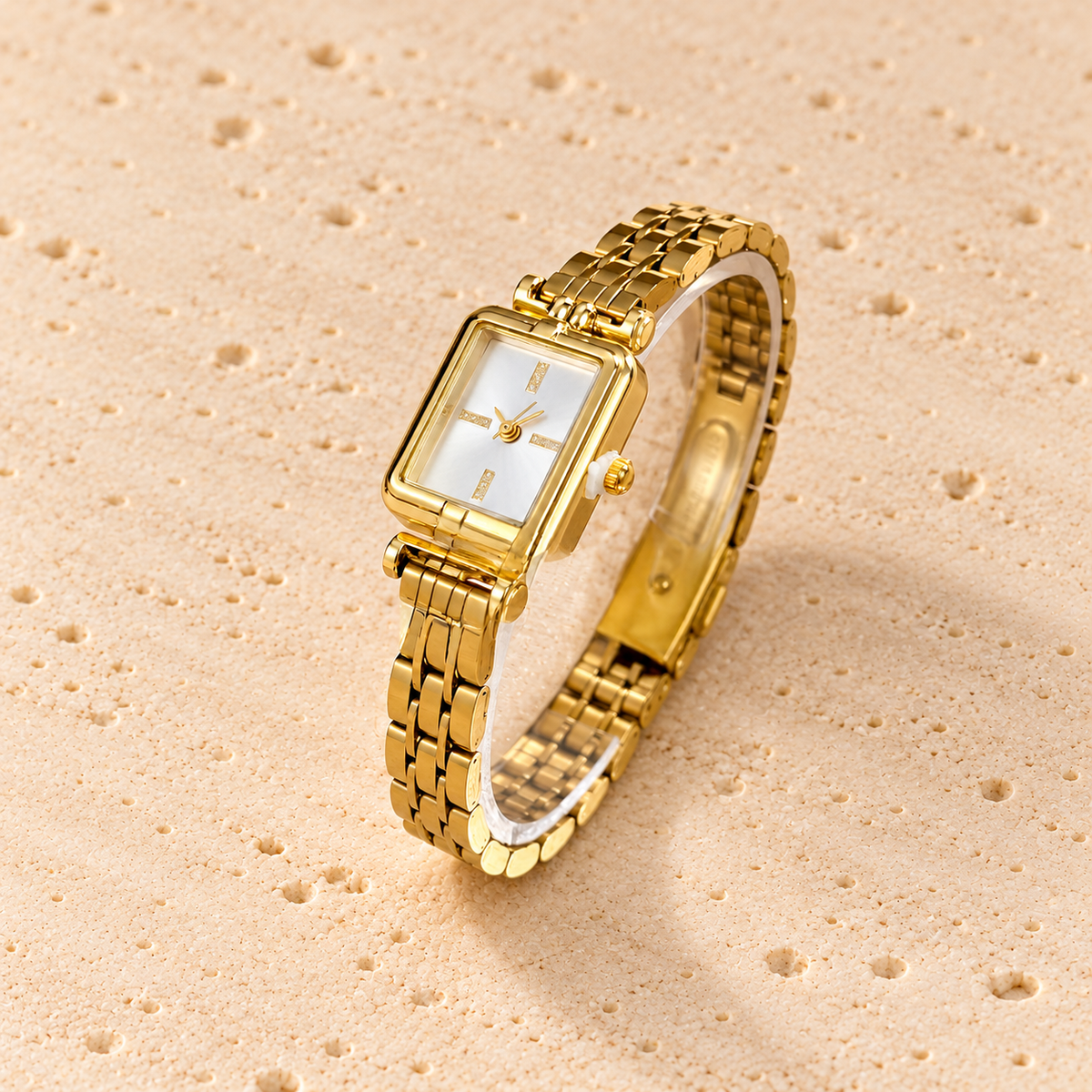 Ivory Rectangle Link Watch — pale beige natural stone background