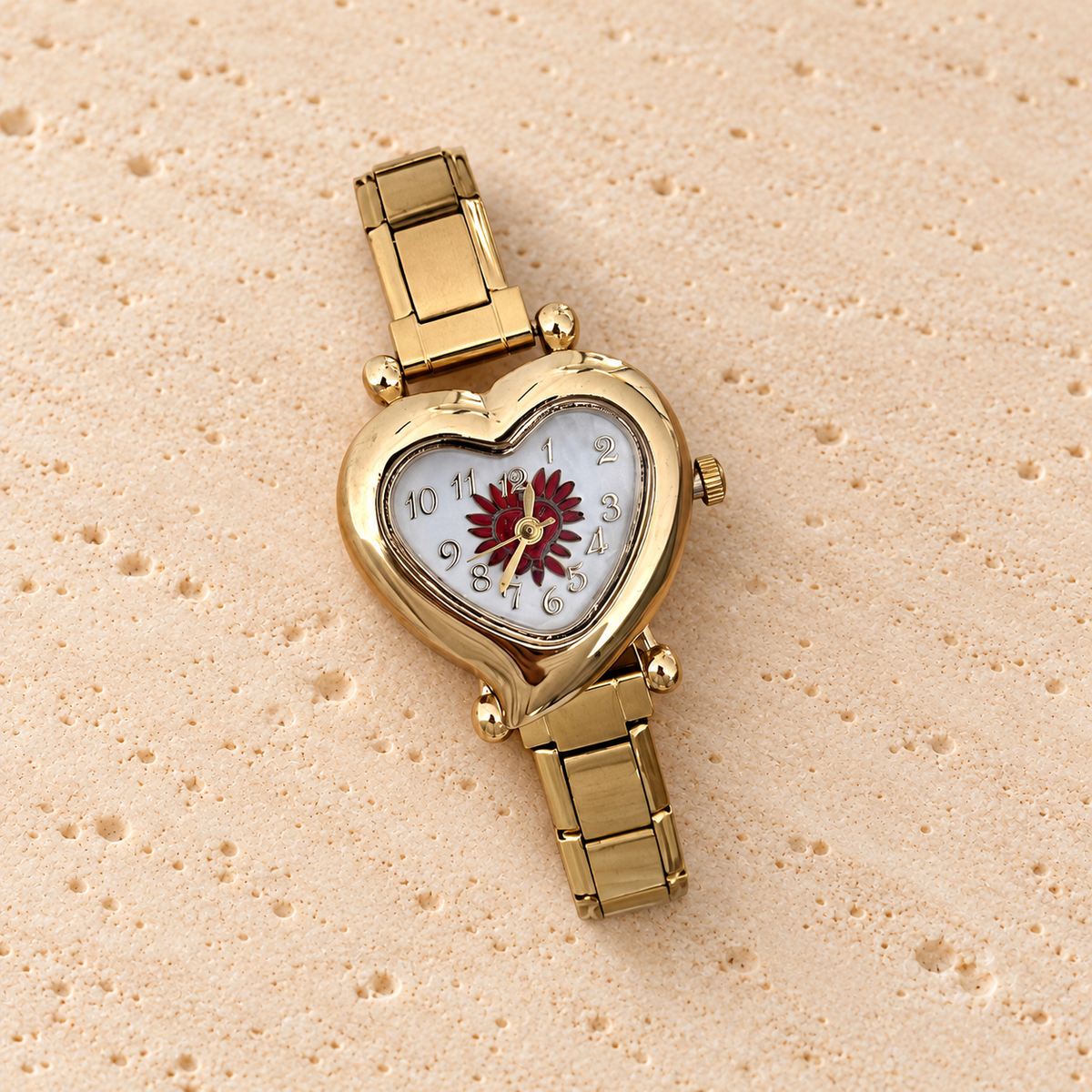 Flora Heart Link Watch — pale beige natural stone background