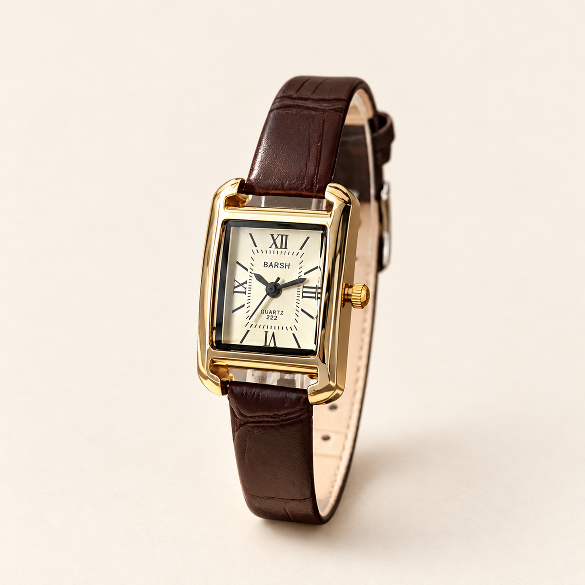 Espresso Rectangle Strap Watch — warm ivory background