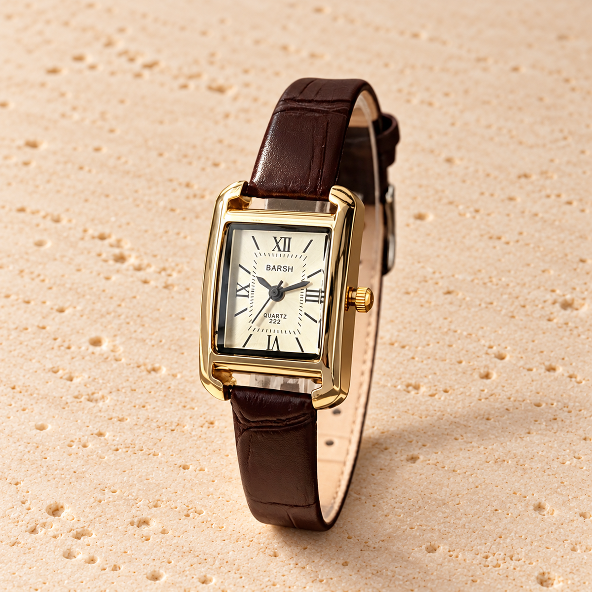 Espresso Rectangle Strap Watch — pale beige natural stone background
