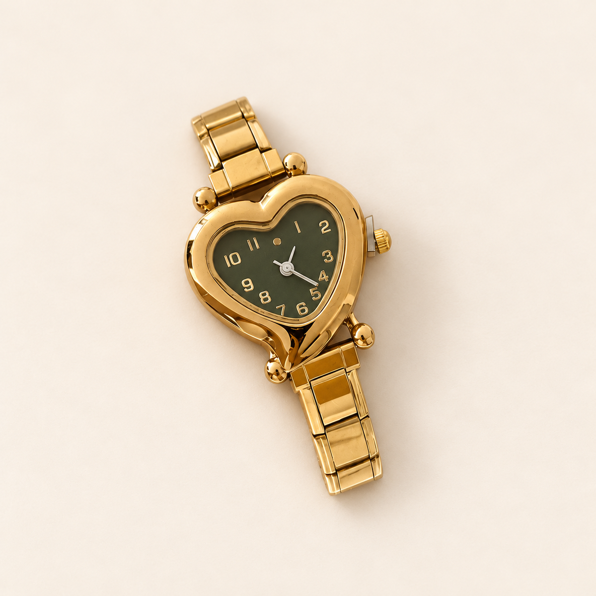 Olive Heart Link Watch — warm ivory background