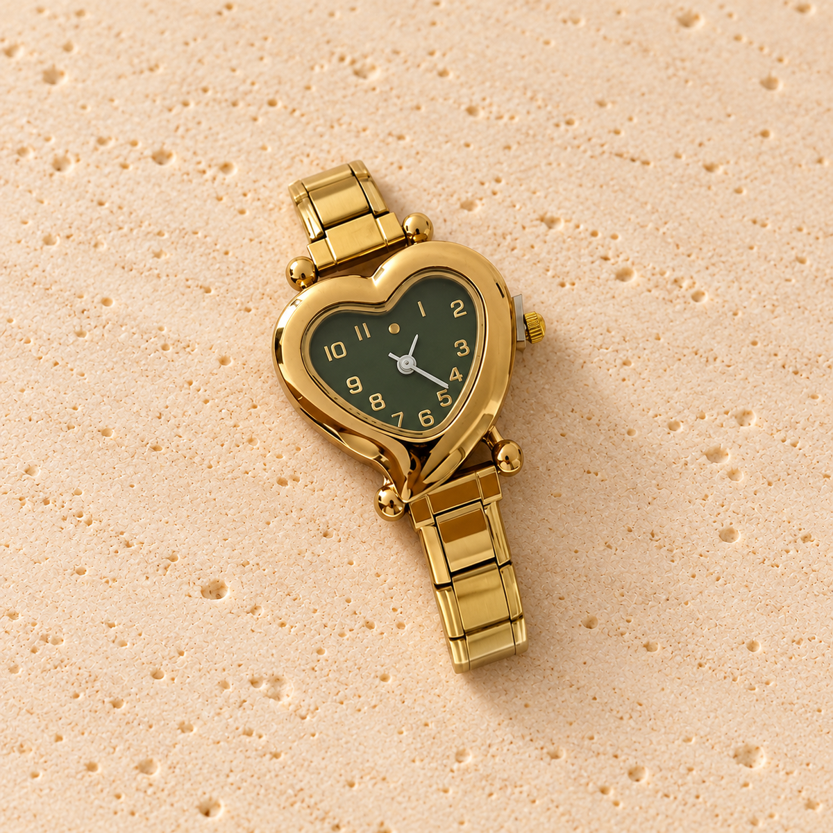 Olive Heart Link Watch — pale beige natural stone background