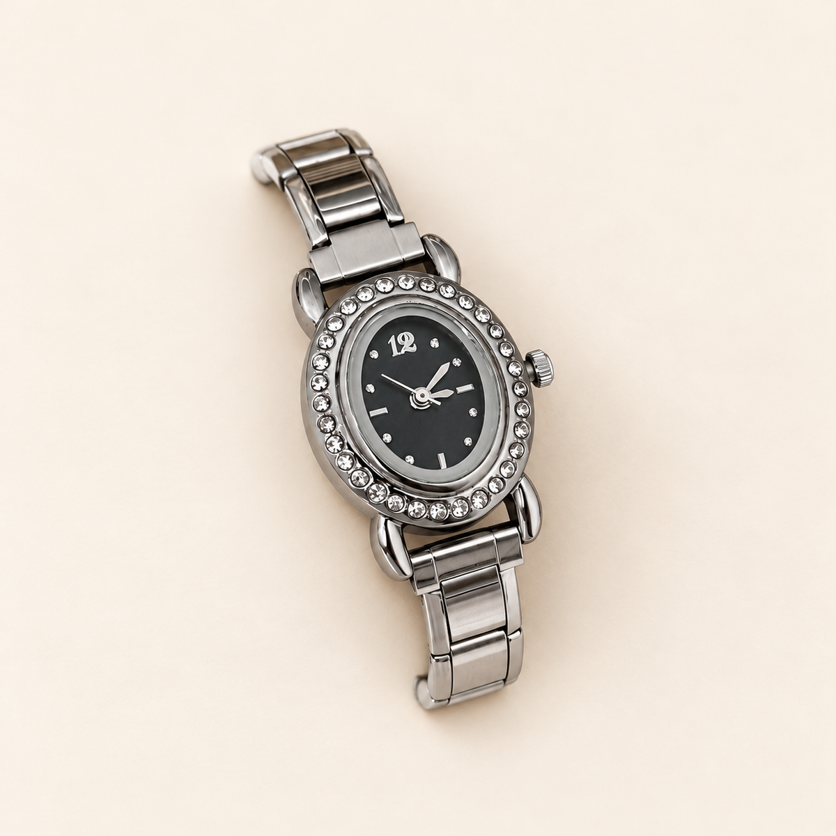 Starlight Oval Silver Watch — warm ivory background