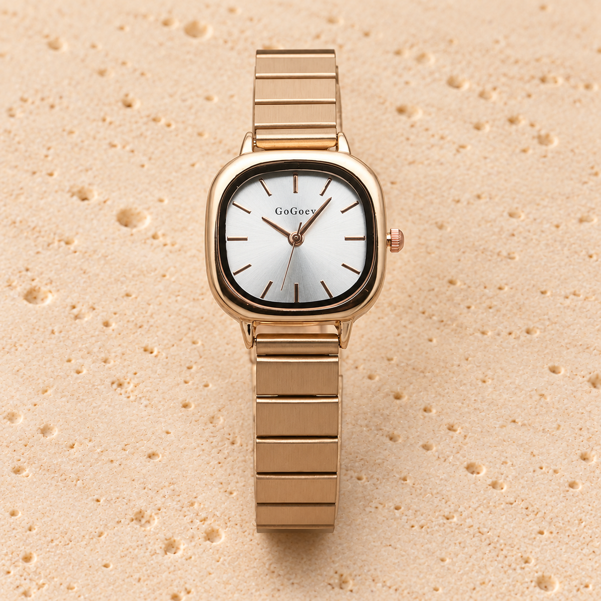 Rose Minimal Square Watch — pale beige natural stone background