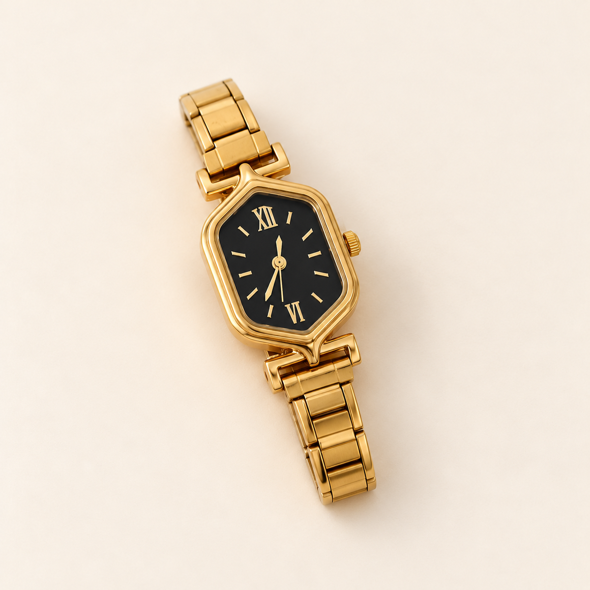 Midnight Facet Link Watch — warm ivory background