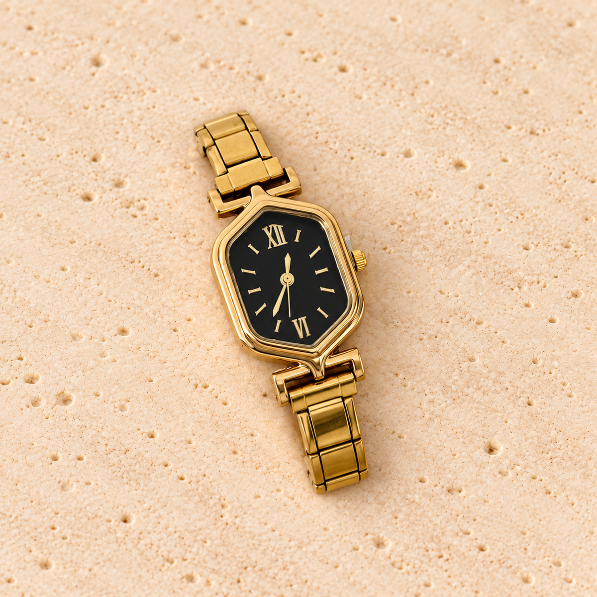 Midnight Facet Link Watch — pale beige natural stone background