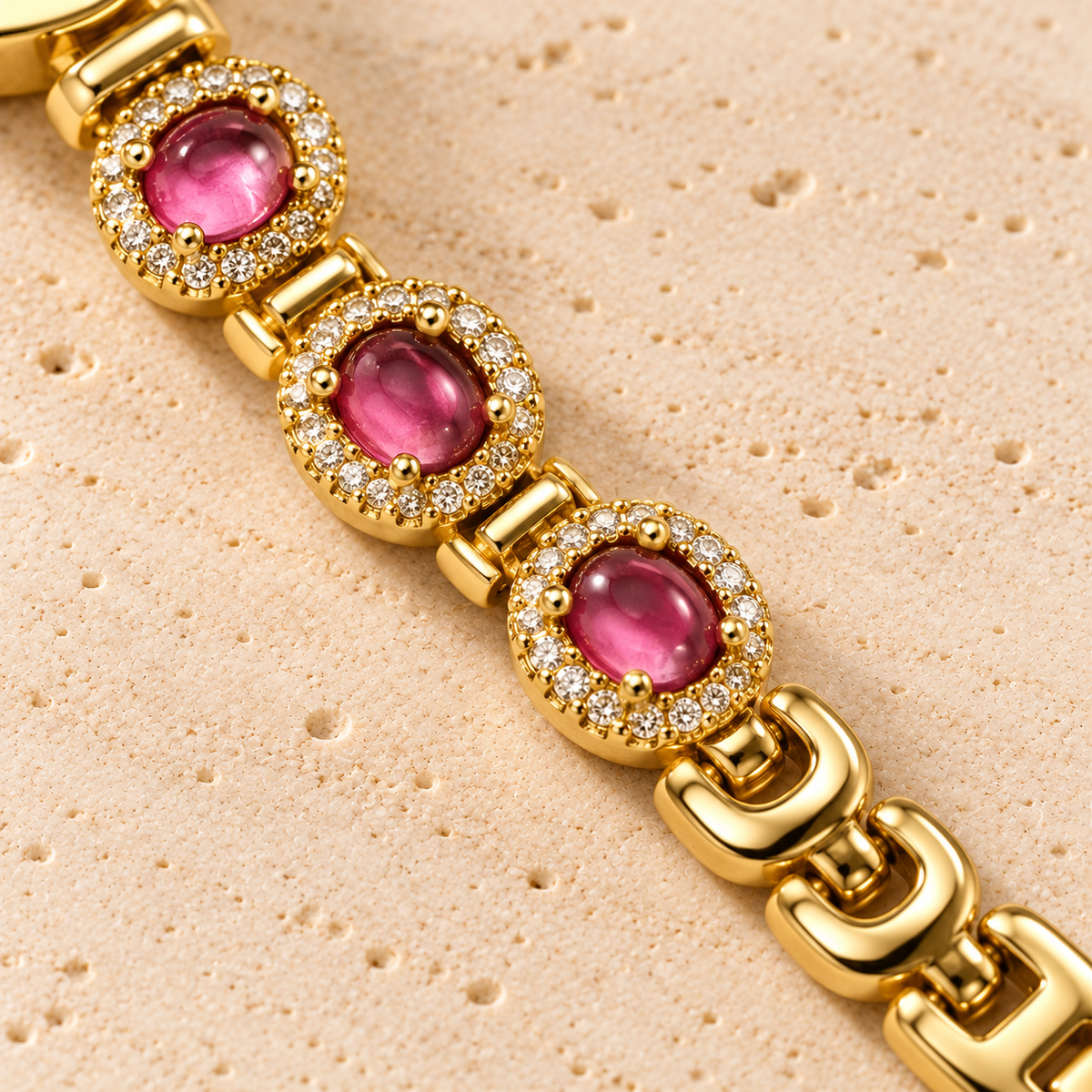 Violet Jewel Bracelet Watch — bracelet detail — pale beige natural stone background