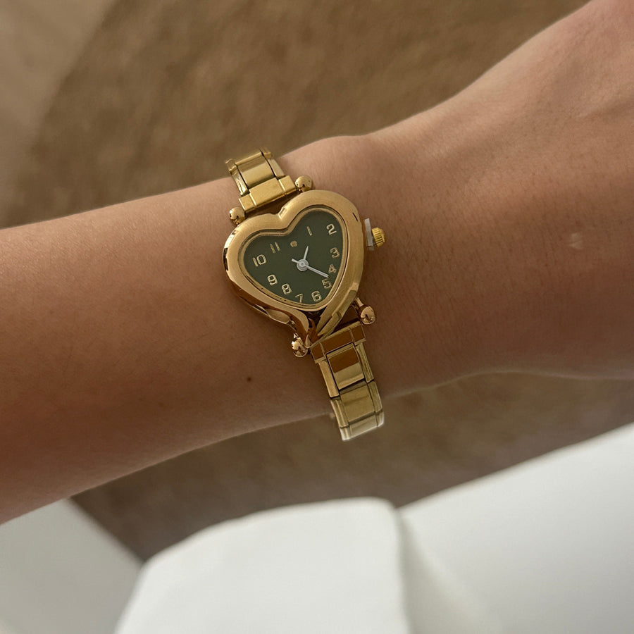 Olive Heart Link Watch — Gold-tone / Green