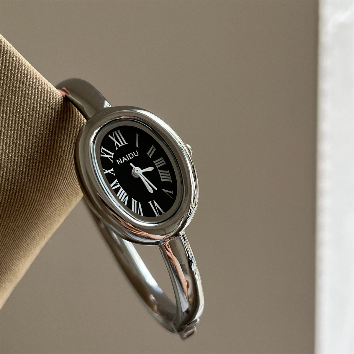 Luna Oval Silver Cuff Watch — Silver-tone / Black